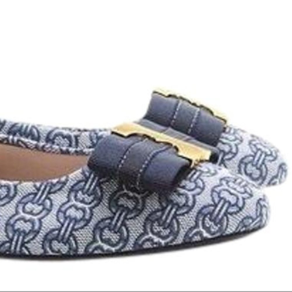Tory Burch Blue Gemini Link Printed Bow Flats
